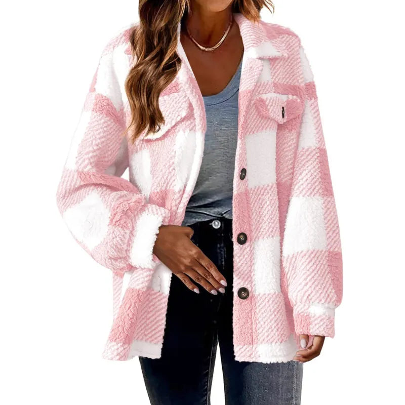 Chaqueta de Mujer con Botones y Estampado de Cuadros - Abrigo Acogedor y Moderno