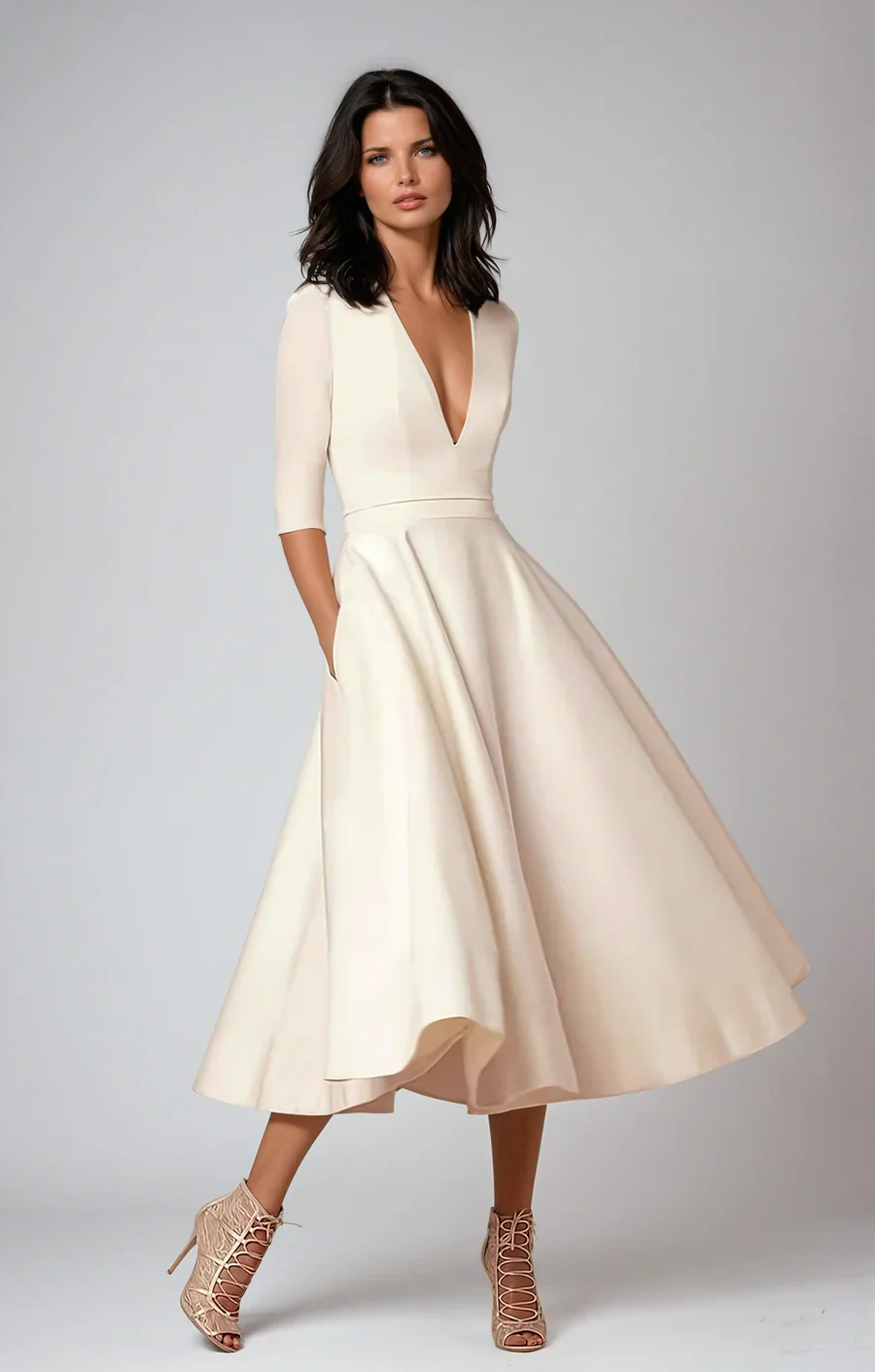 Vestido retro acampanado estilo A con escote en V y mangas tres cuartos