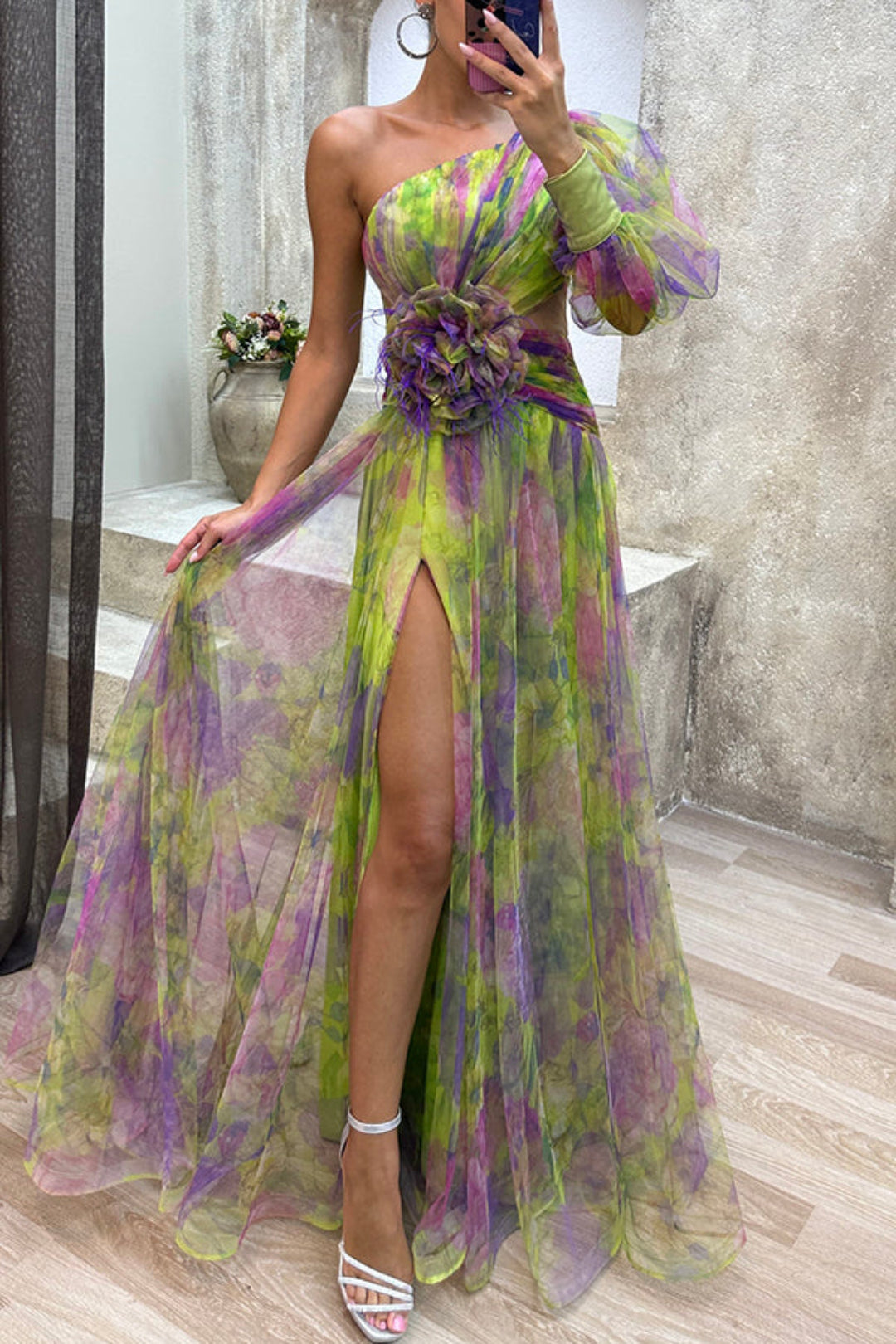 Janie - Elegante Vestido de Una Manga con Estampado Floral