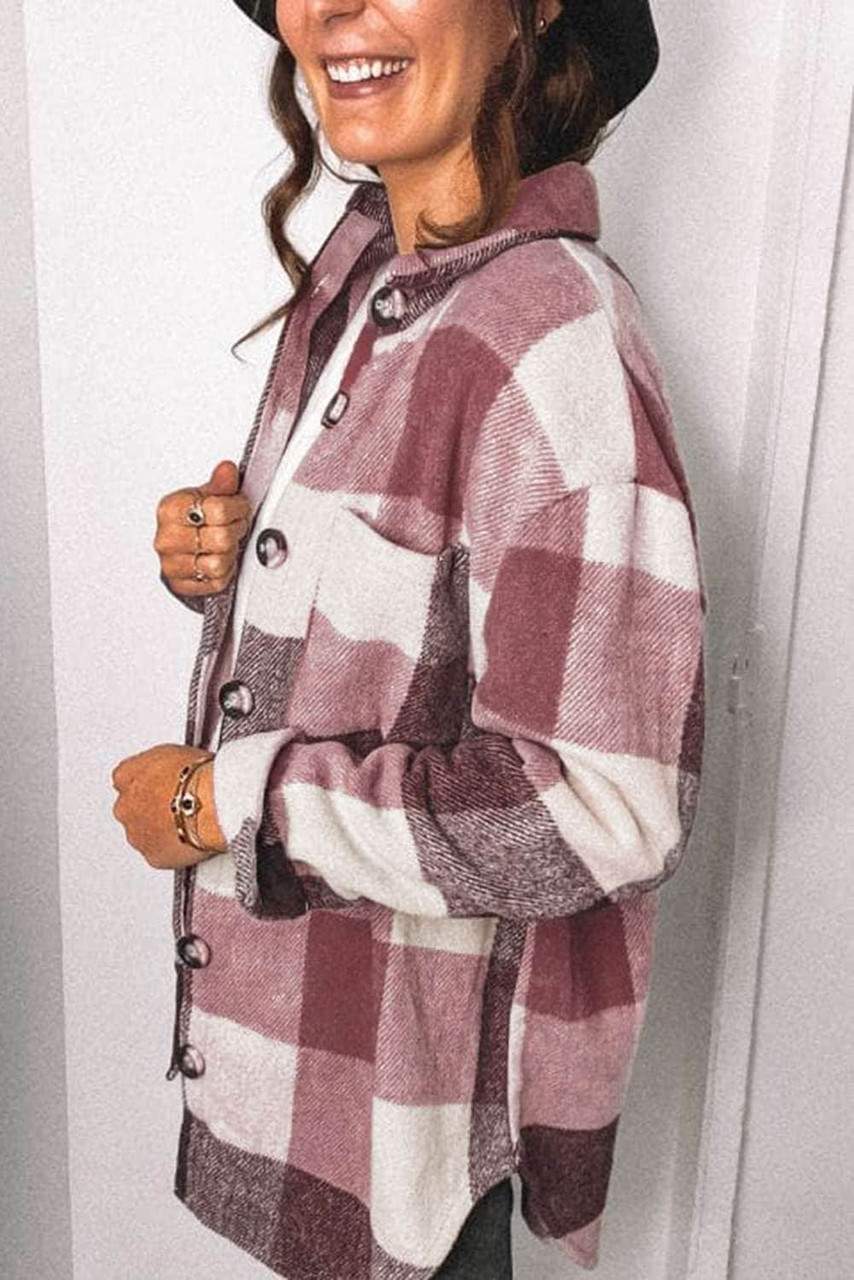 Chaqueta de Manga Larga con Botones y Bolsillo en Bloque de Color Cuadriculado