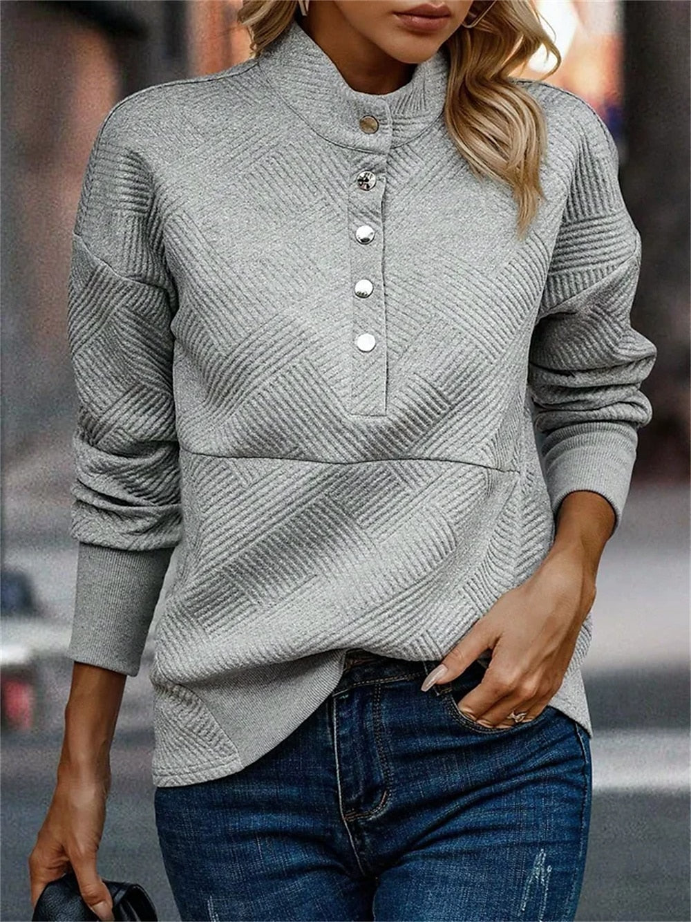 Sudadera Larga de Cuello en V para Mujer - Pullover Casual Texturizado con Mangas de Color en Gris