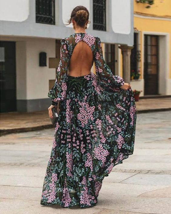 Vestido largo floral estilo vintage para mujer con espalda descubierta
