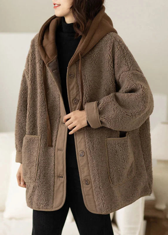 Abrigo de Invierno en Color Café con Capucha, Diseño de Dos Piezas y Cordón Ajustable