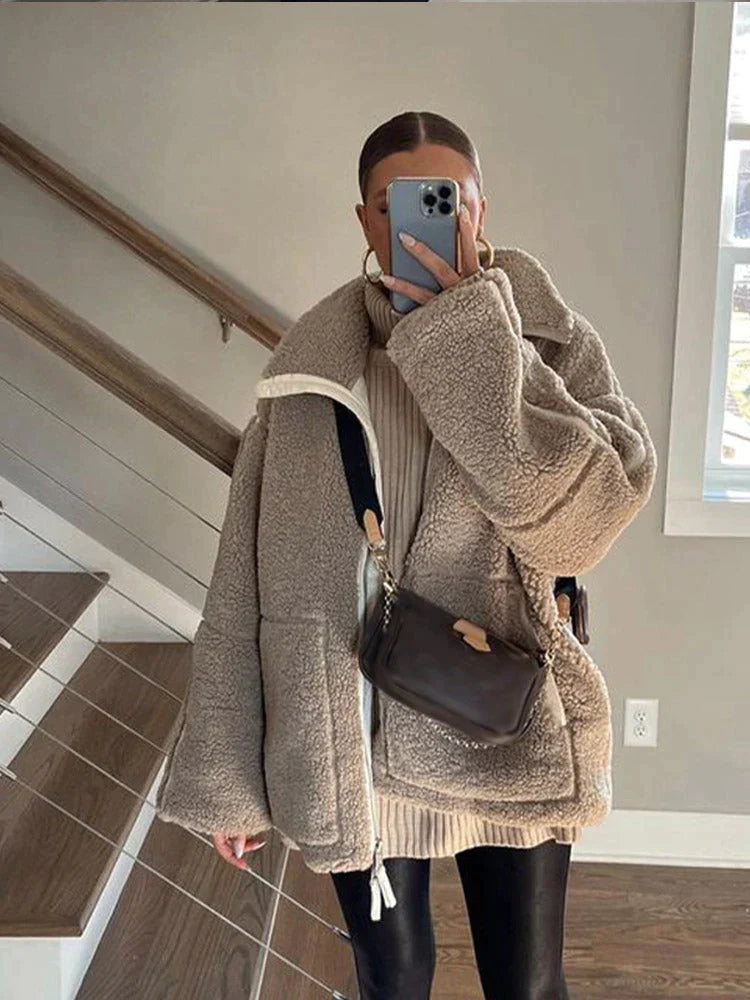 Chaqueta de gran tamaño y con cierre para mujer, suave, cálida y moderna