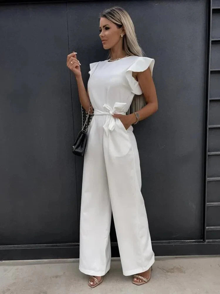 Mono elegante con mangas fluidas y pantalón de pierna ancha
