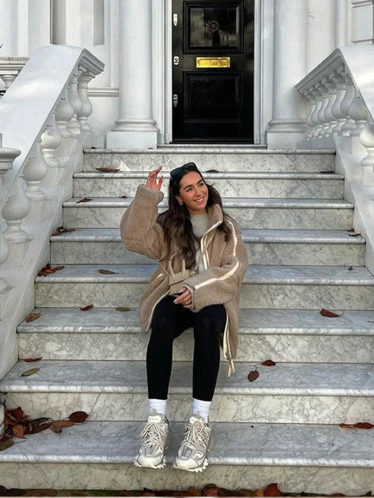 Chaqueta de gran tamaño y con cierre para mujer, suave, cálida y moderna