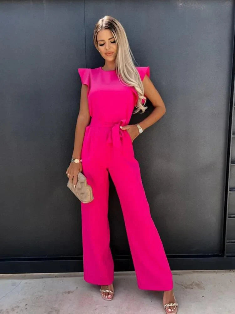 Mono elegante con mangas fluidas y pantalón de pierna ancha