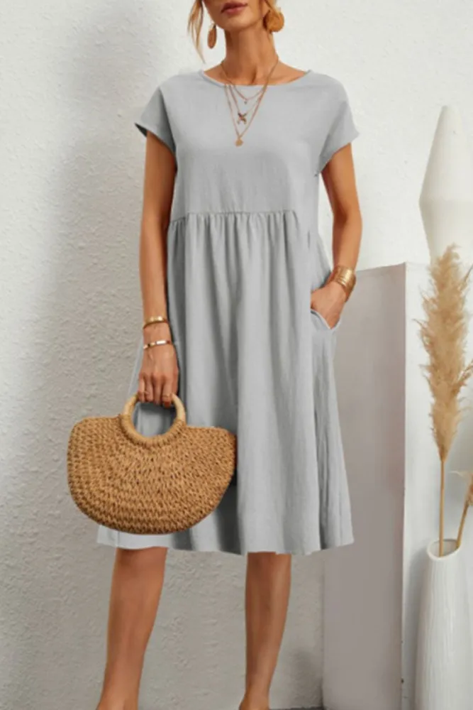 Melanie - Vestido Informal de Patchwork Monocolor con Escote en O y Mangas Cortas en A