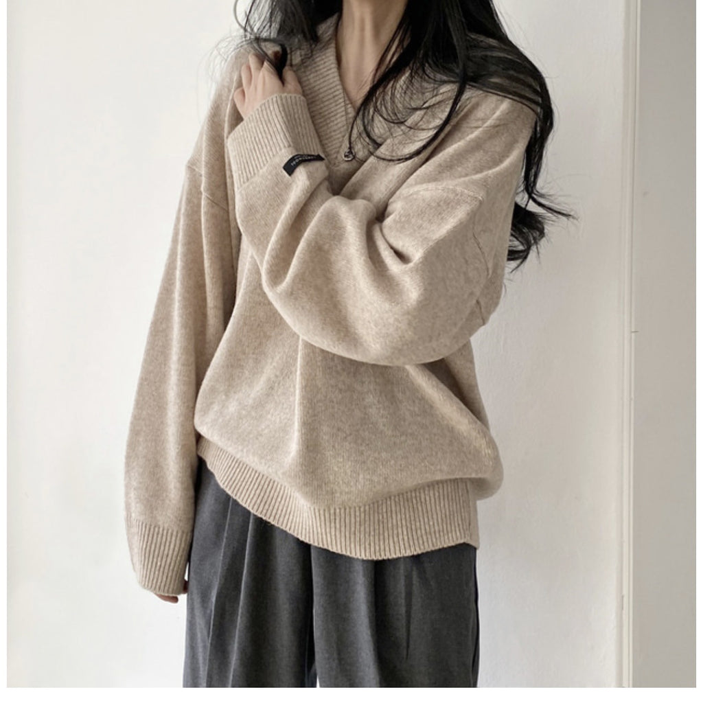 Suéter de Pullover de Cuello en V en Colores Sólidos para un Estilo Academia Oscura