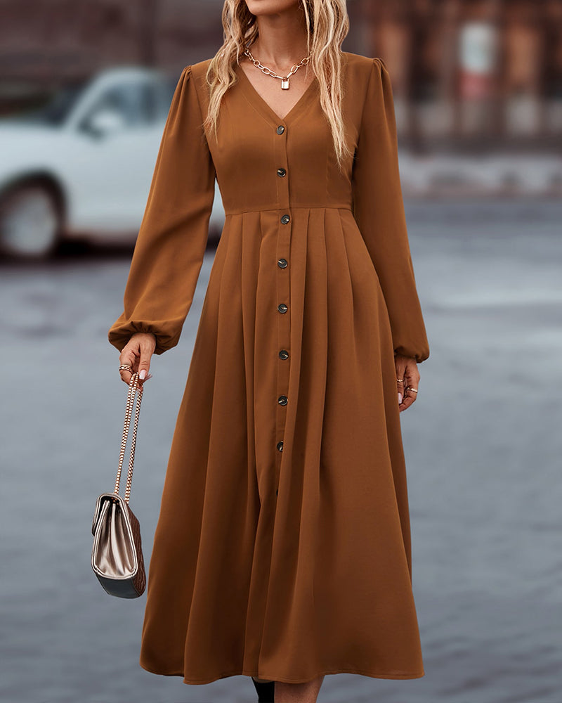Vestido midi elegante de otoño con mangas largas abotonadas