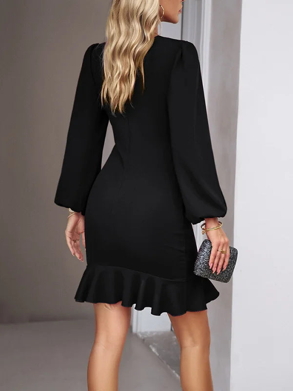 Minivestido con cuello redondo, volantes elegantes, abertura lateral y mangas largas abullonadas sueltas