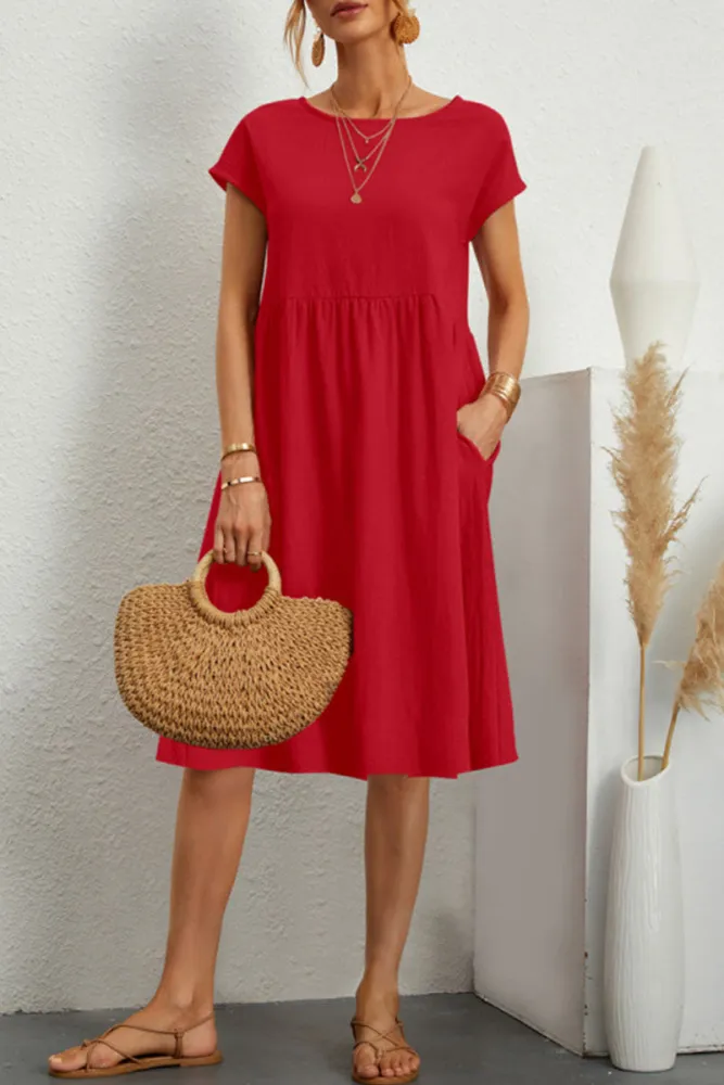 Melanie - Vestido Informal de Patchwork Monocolor con Escote en O y Mangas Cortas en A