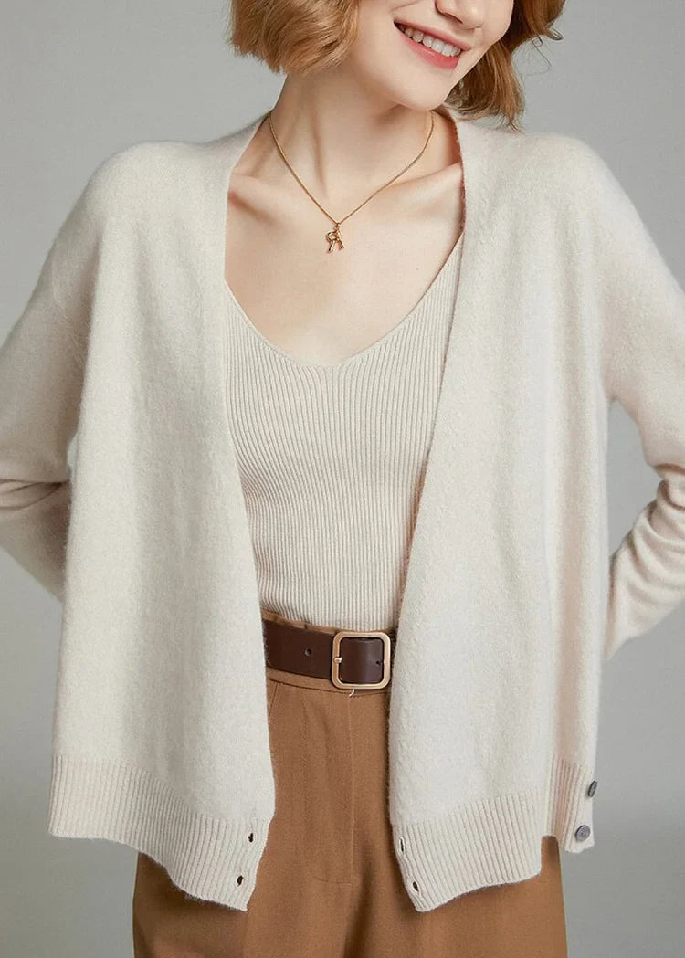 Cárdigan Beige de Mujer con Botones y Cuello en V para Otoño