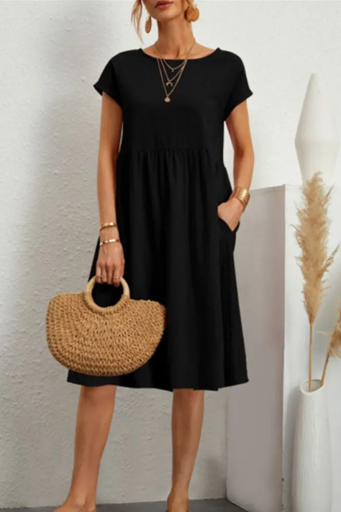 Melanie - Vestido Informal de Patchwork Monocolor con Escote en O y Mangas Cortas en A