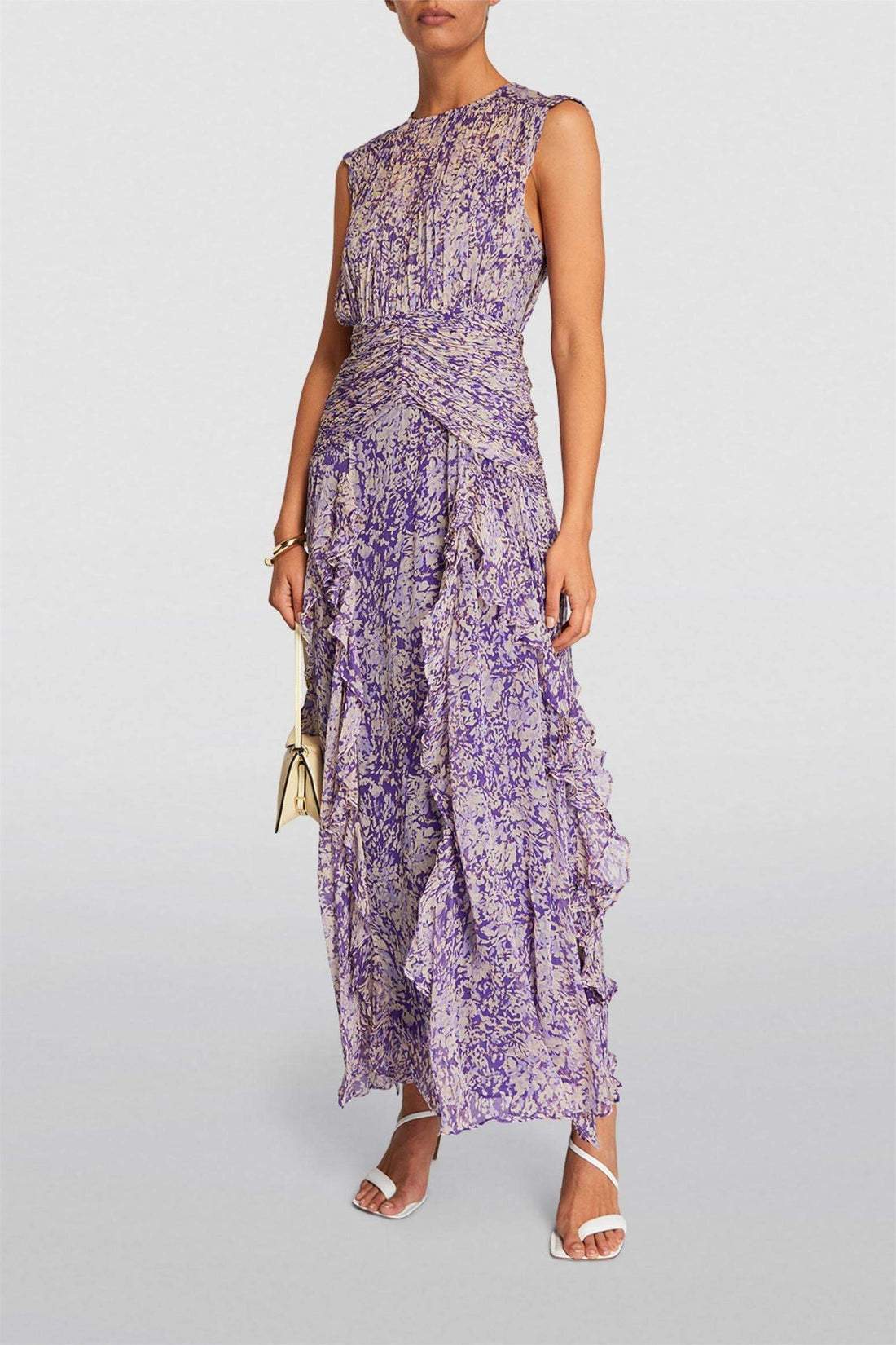 Vestido maxi elegante con plisado y detalles de volantes para un mira sofisticado