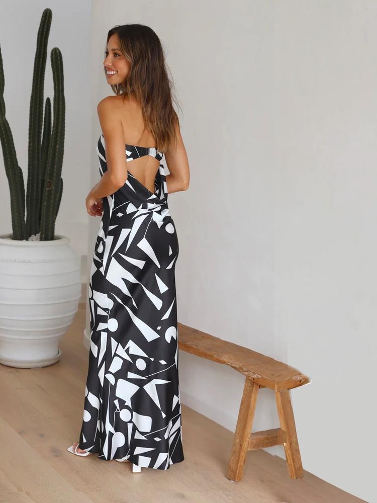 Vestido Largo sin Tirantes con Estampado y Escote en la Espalda
