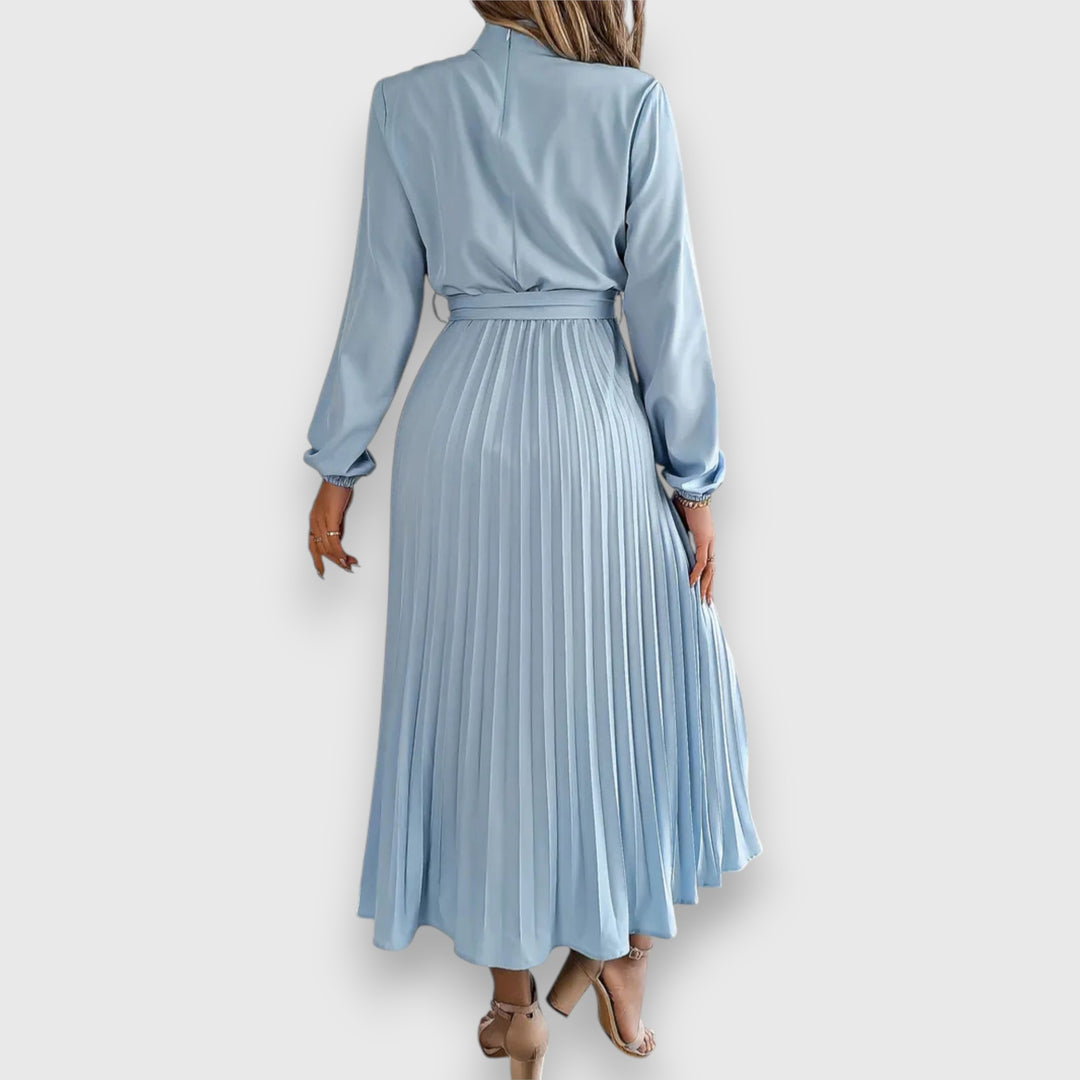 Vestido midi casual con falda plisada cinturón y mangas largas