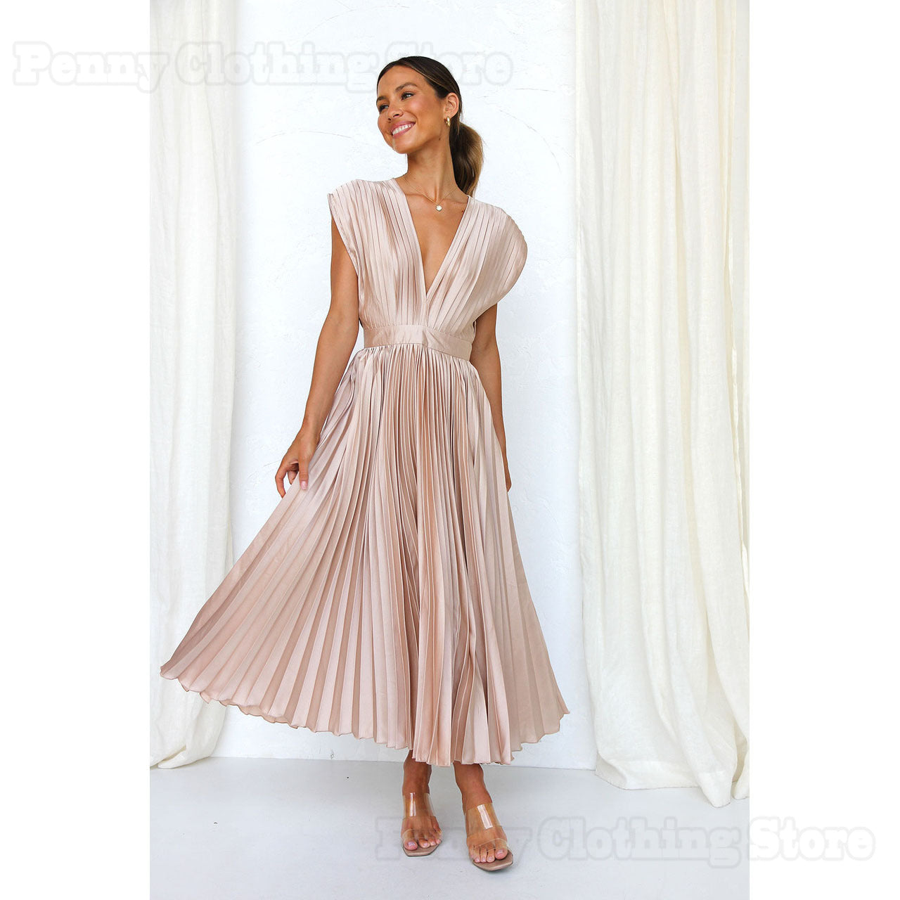Vestido largo plisado elegante con escote en pico para ocasiones especiales