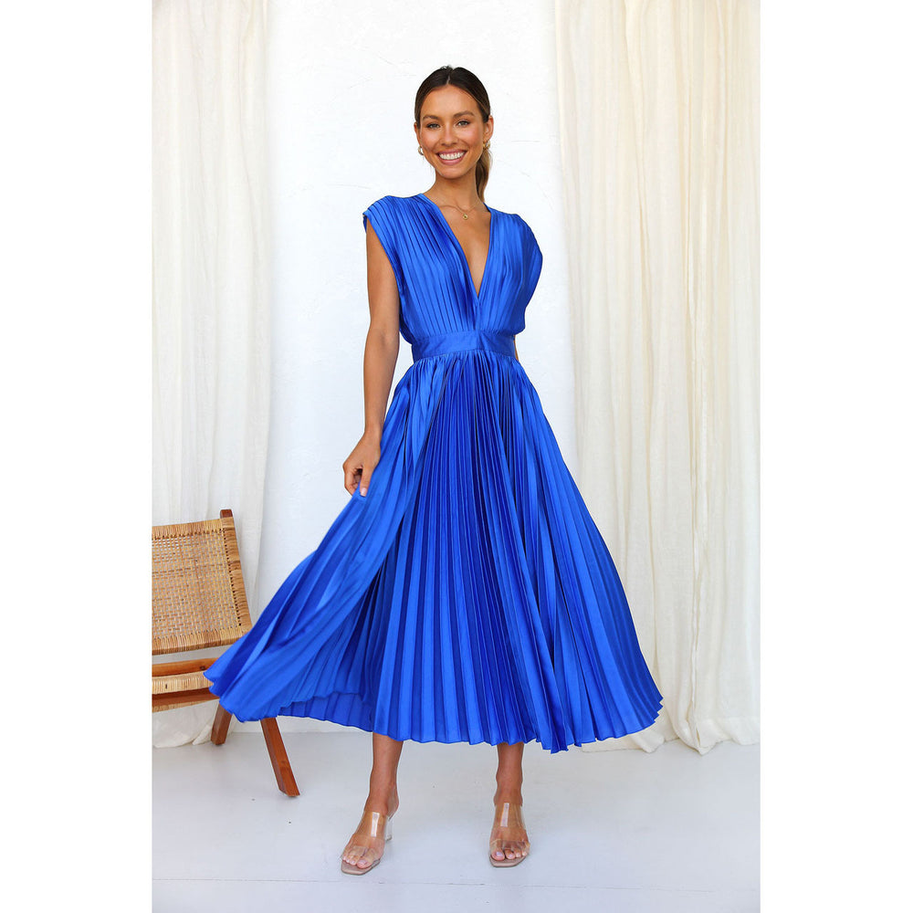 Vestido largo plisado elegante con escote en pico para ocasiones especiales