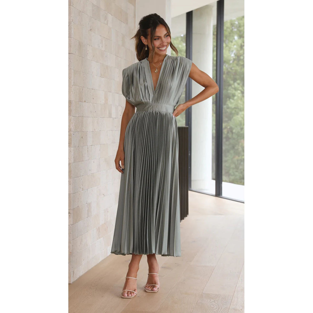 Vestido largo plisado elegante con escote en pico para ocasiones especiales