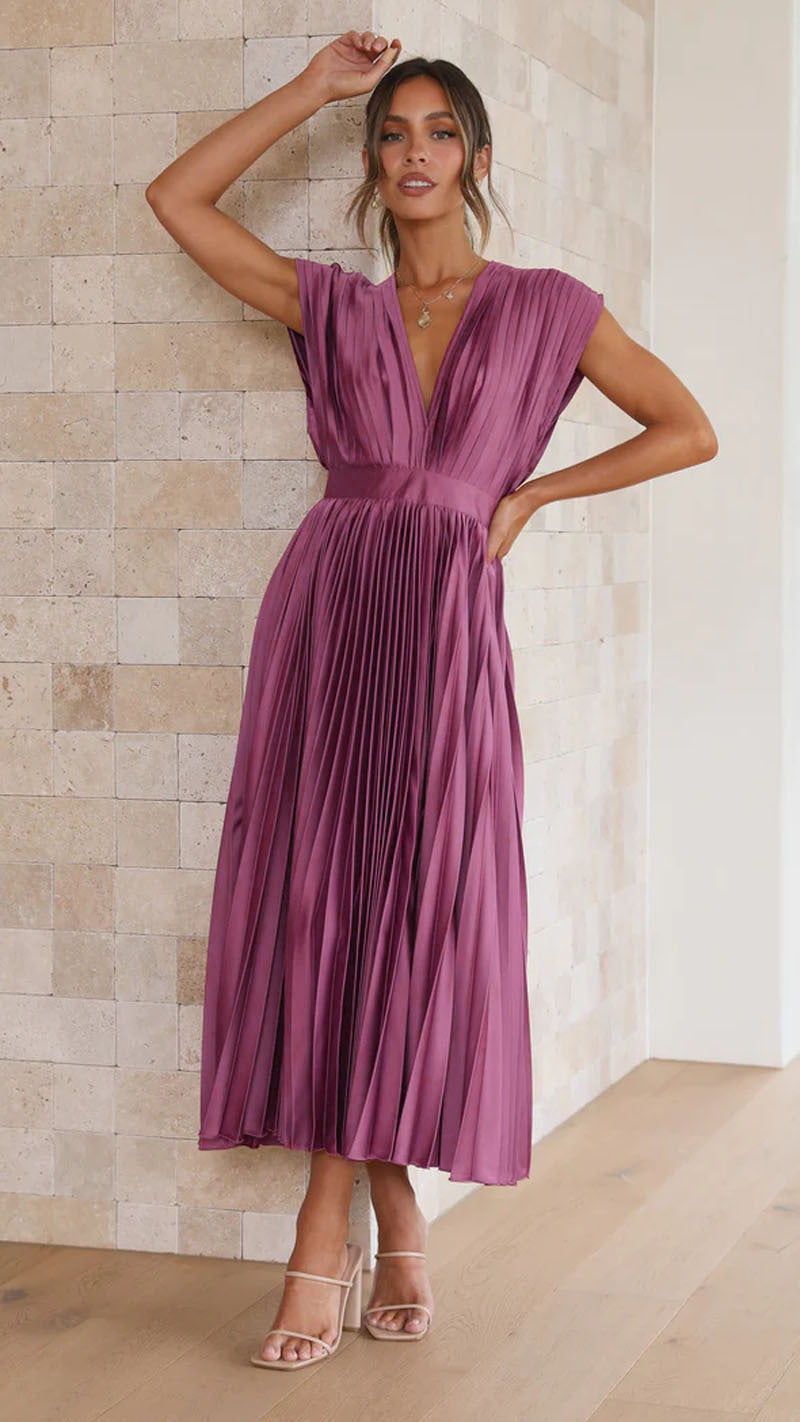 Vestido largo plisado elegante con escote en pico para ocasiones especiales