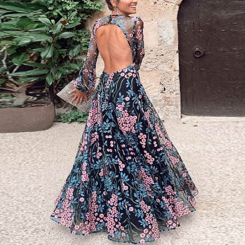 Vestido largo floral estilo vintage para mujer con espalda descubierta