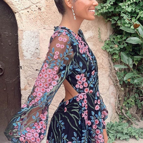 Vestido largo floral estilo vintage para mujer con espalda descubierta