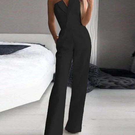 Mono elegante de corte clásico con escote en V y pantalón ancho sin mangas
