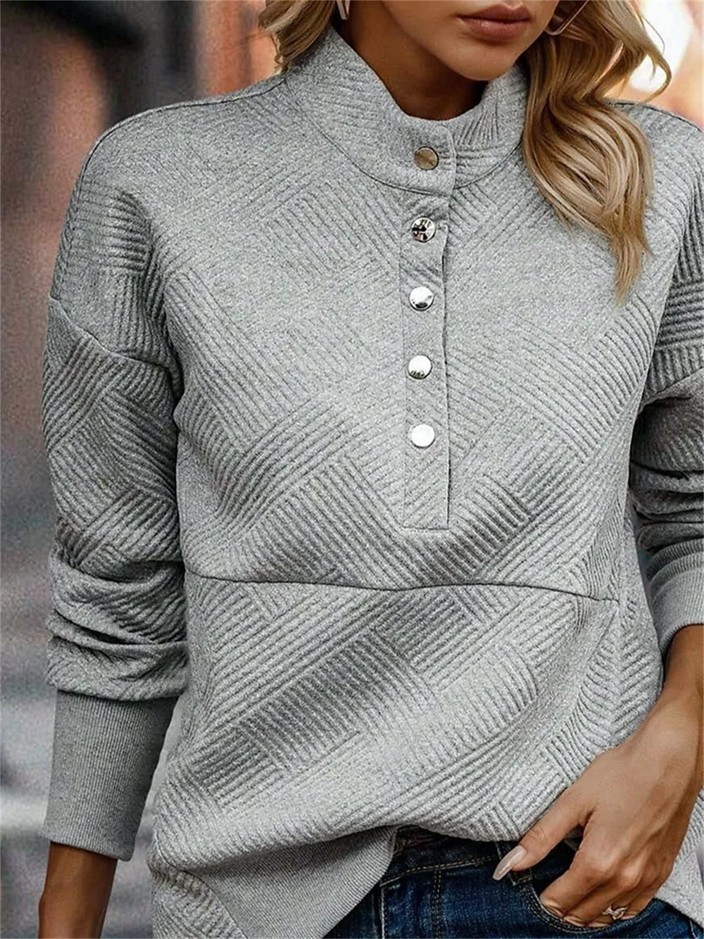 Sudadera Larga de Cuello en V para Mujer - Pullover Casual Texturizado con Mangas de Color en Gris