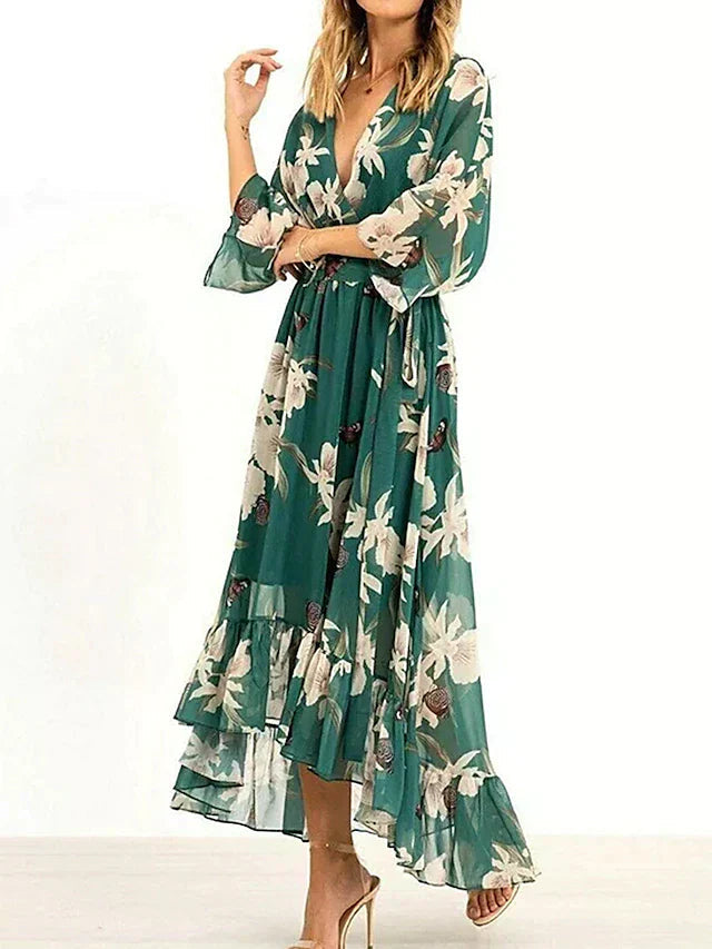 Vestido largo de verano con diseño elegante, falda fluida y escote pronunciado, perfecto para cualquier ocasión