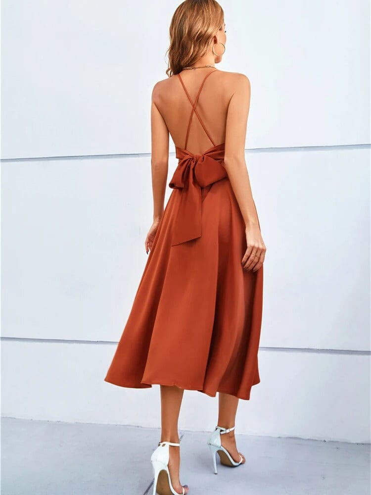 Vestido midi palabra de honor con espalda descubierta y lazo elegante