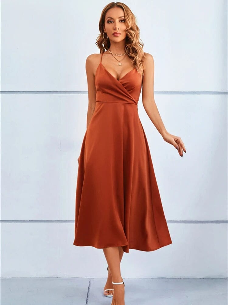 Vestido midi palabra de honor con espalda descubierta y lazo elegante