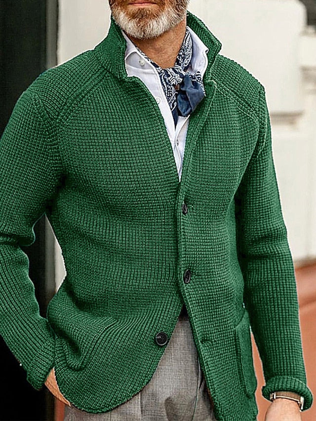 Suéter de Cardigan para Hombre con Punto Acanalado y Bolsillo – Color Sólido Cálido con Cuello Alto para Uso Diario Moderno – Ideal para Otoño e Invierno
