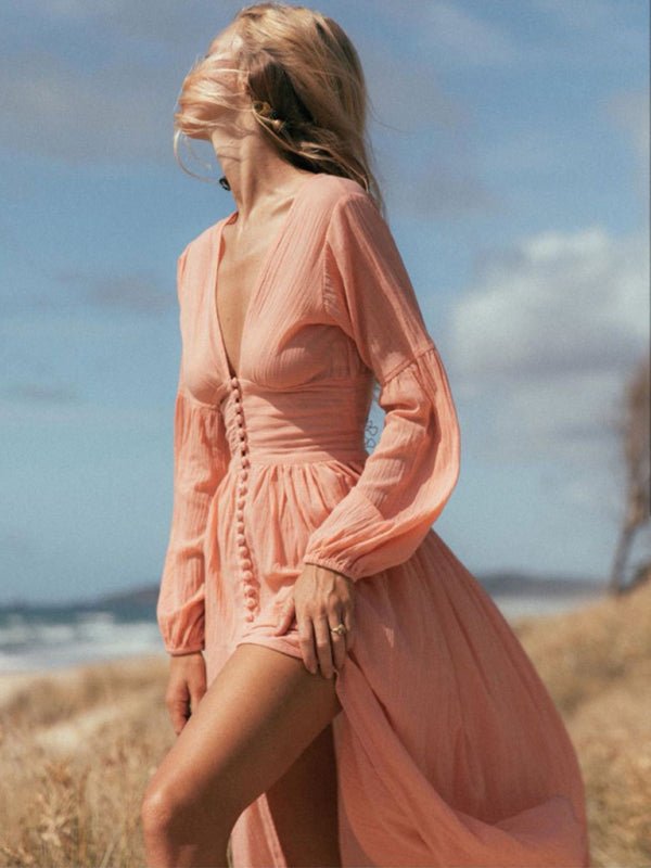 Vestido largo con escote en V pliegues en cintura abertura y mangas largas