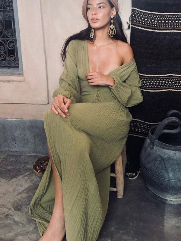 Vestido largo con escote en V pliegues en cintura abertura y mangas largas