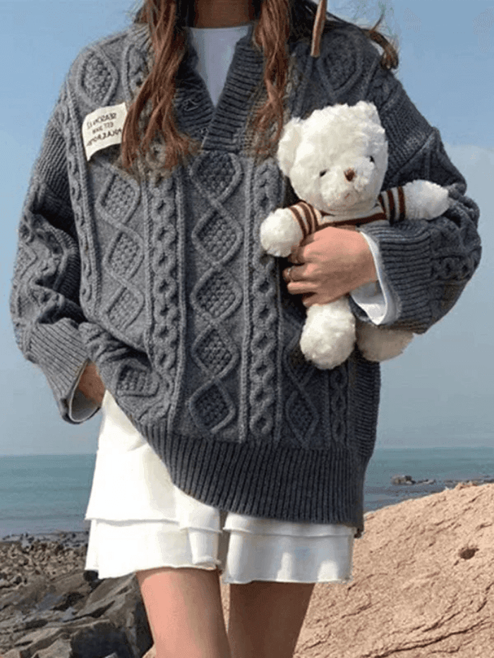 Suéter de Punto Cable de Viscosa Oversized con Cuello en V para Confort Elegante