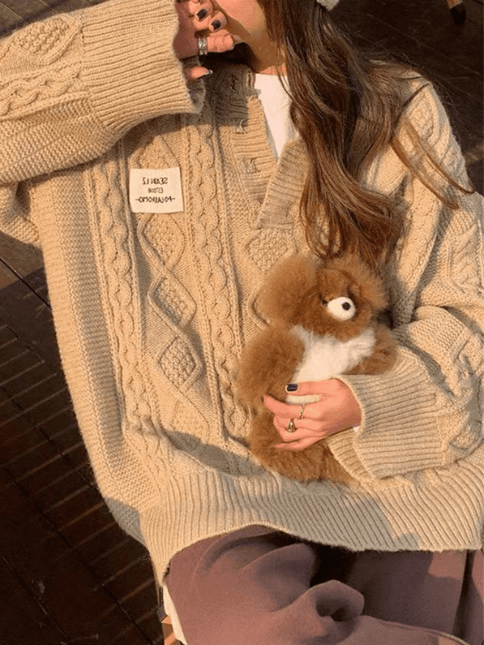 Suéter de Punto Cable de Viscosa Oversized con Cuello en V para Confort Elegante