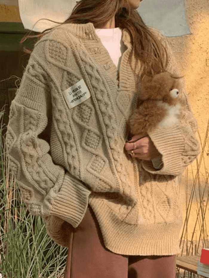 Suéter de Punto Cable de Viscosa Oversized con Cuello en V para Confort Elegante