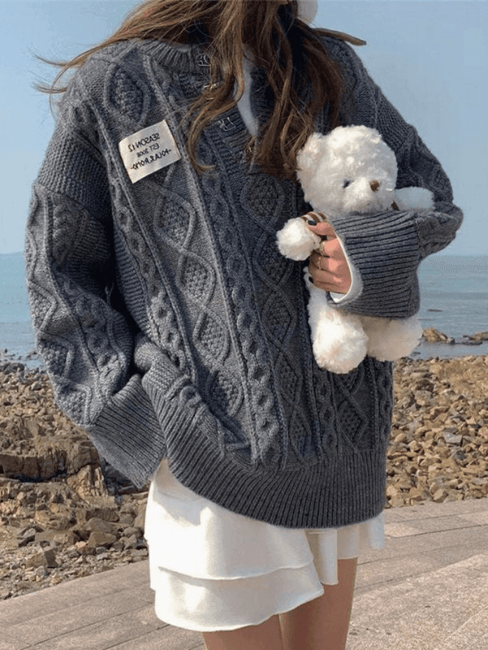 Suéter de Punto Cable de Viscosa Oversized con Cuello en V para Confort Elegante