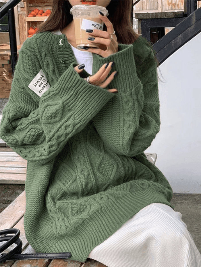 Suéter de Punto Cable de Viscosa Oversized con Cuello en V para Confort Elegante