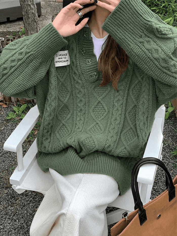 Suéter de Punto Cable de Viscosa Oversized con Cuello en V para Confort Elegante