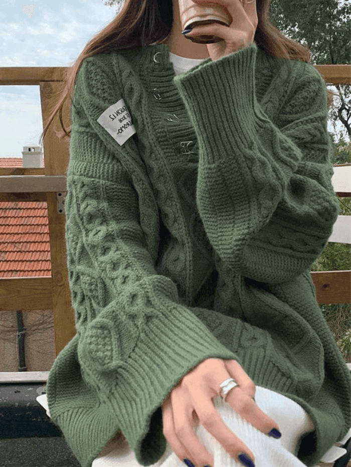 Suéter de Punto Cable de Viscosa Oversized con Cuello en V para Confort Elegante