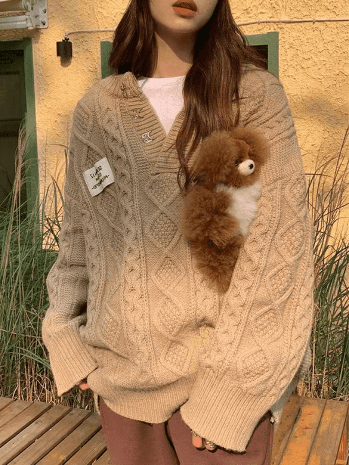 Suéter de Punto Cable de Viscosa Oversized con Cuello en V para Confort Elegante
