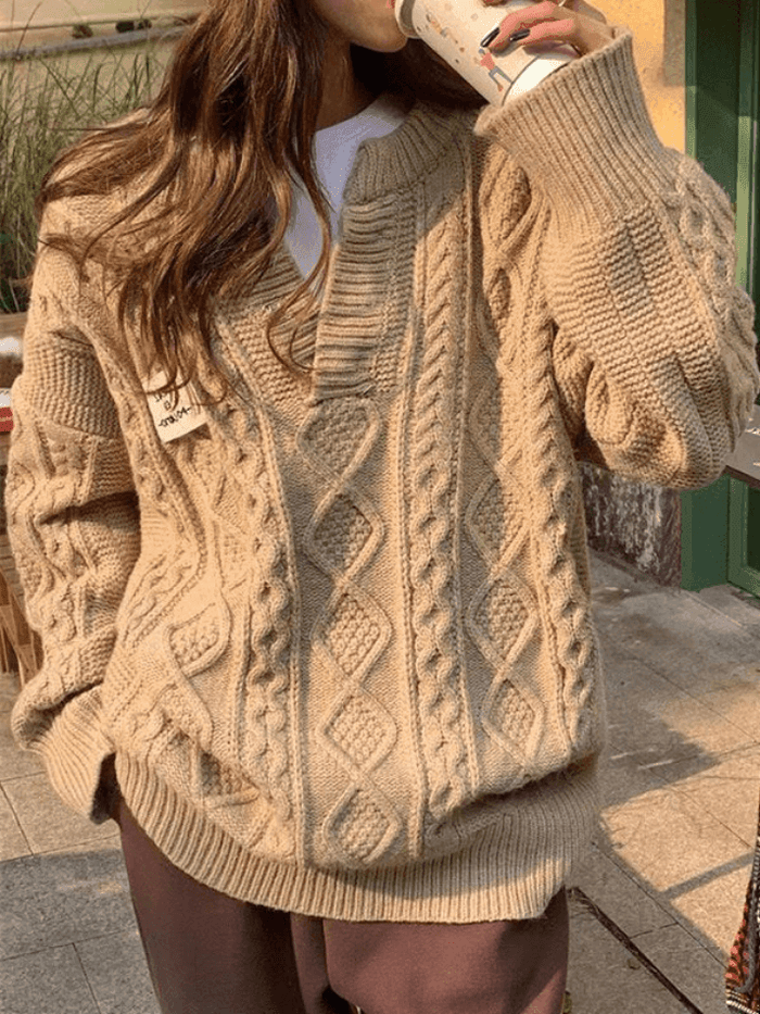 Suéter de Punto Cable de Viscosa Oversized con Cuello en V para Confort Elegante