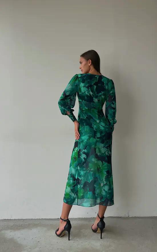 Vestido midi elegante con mangas largas abullonadas y escote en V profundo
