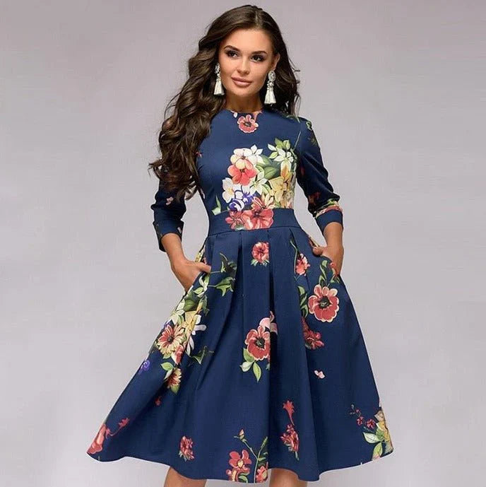 Vestido midi elegante con falda amplia y estampado floral para un mira sofisticado