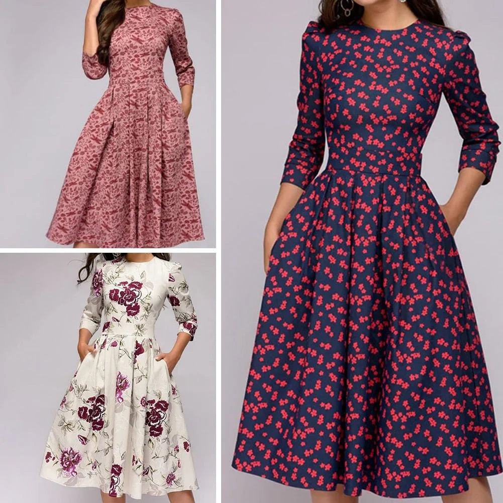 Vestido midi elegante con falda amplia y estampado floral para un mira sofisticado