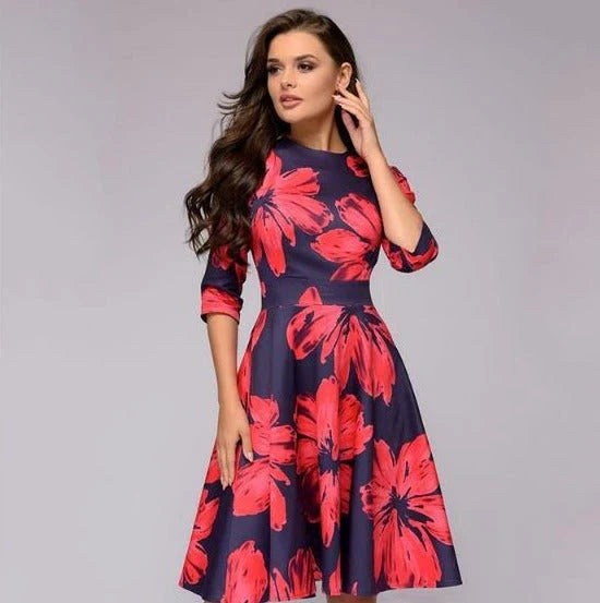 Vestido midi elegante con falda amplia y estampado floral para un mira sofisticado