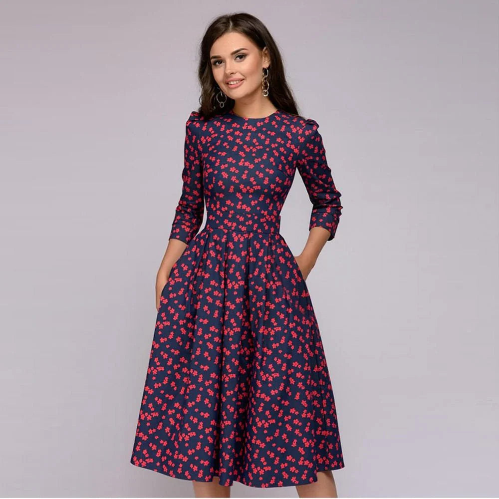 Vestido midi elegante con falda amplia y estampado floral para un mira sofisticado