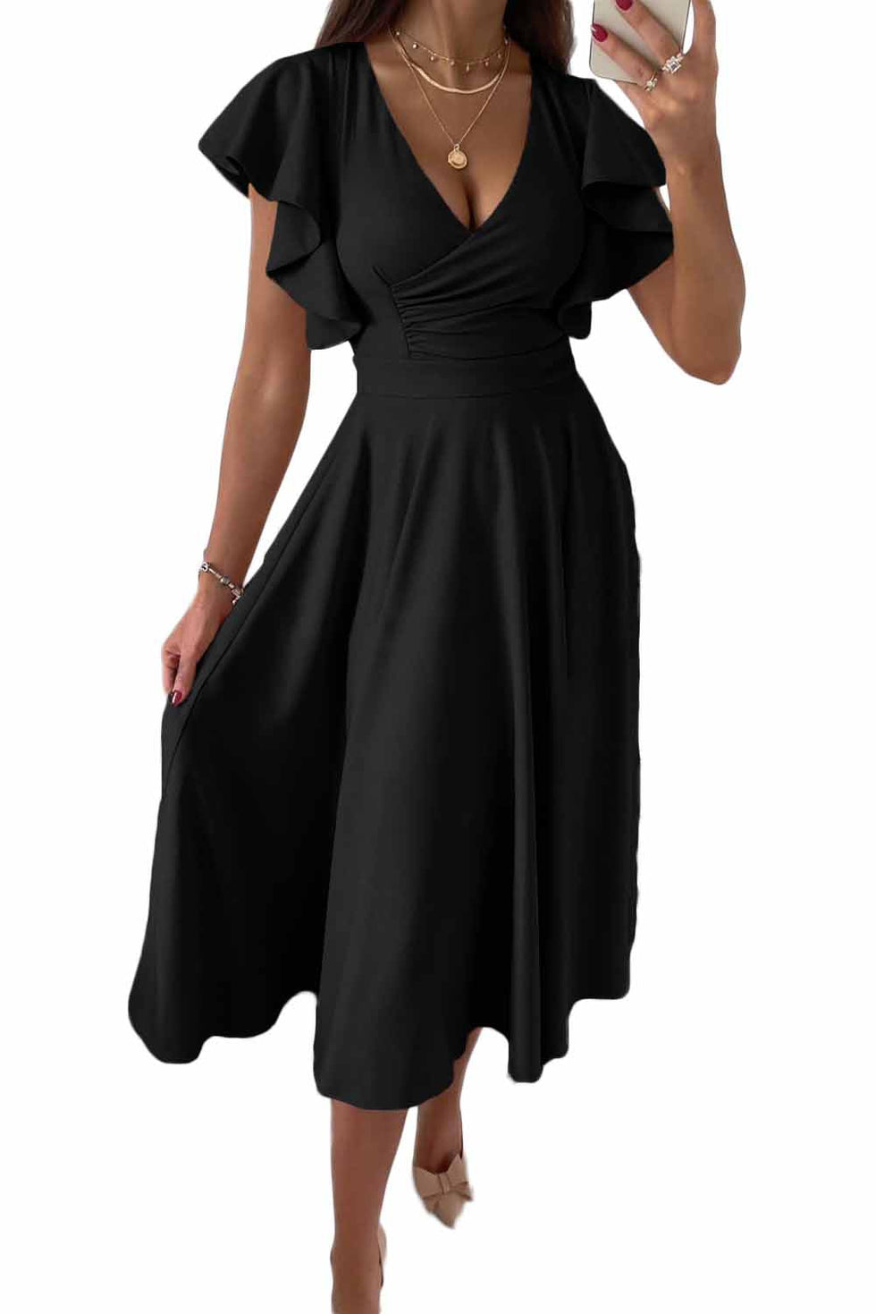 Vestido midi cruzado con mangas con volantes y escote en V ideal para ocasiones elegantes